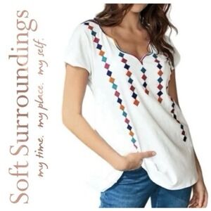 Soft Surroundings Byzantine Embroidered Tee Shirt Top Womens M White V-Neck Boho
